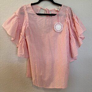 NWT Umgee Peachy/Pink/White Seersucker Stripe Blouse